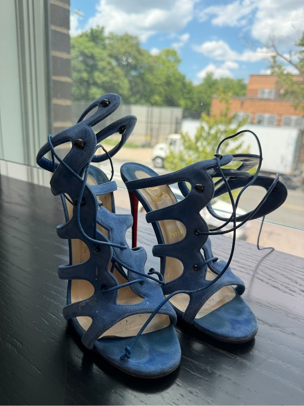 Christian Louboutin AMAZOULO Blue Suede Lace Up High-Heel Sandals 100MM, 38.5 ๐ - Picture 4 of 8